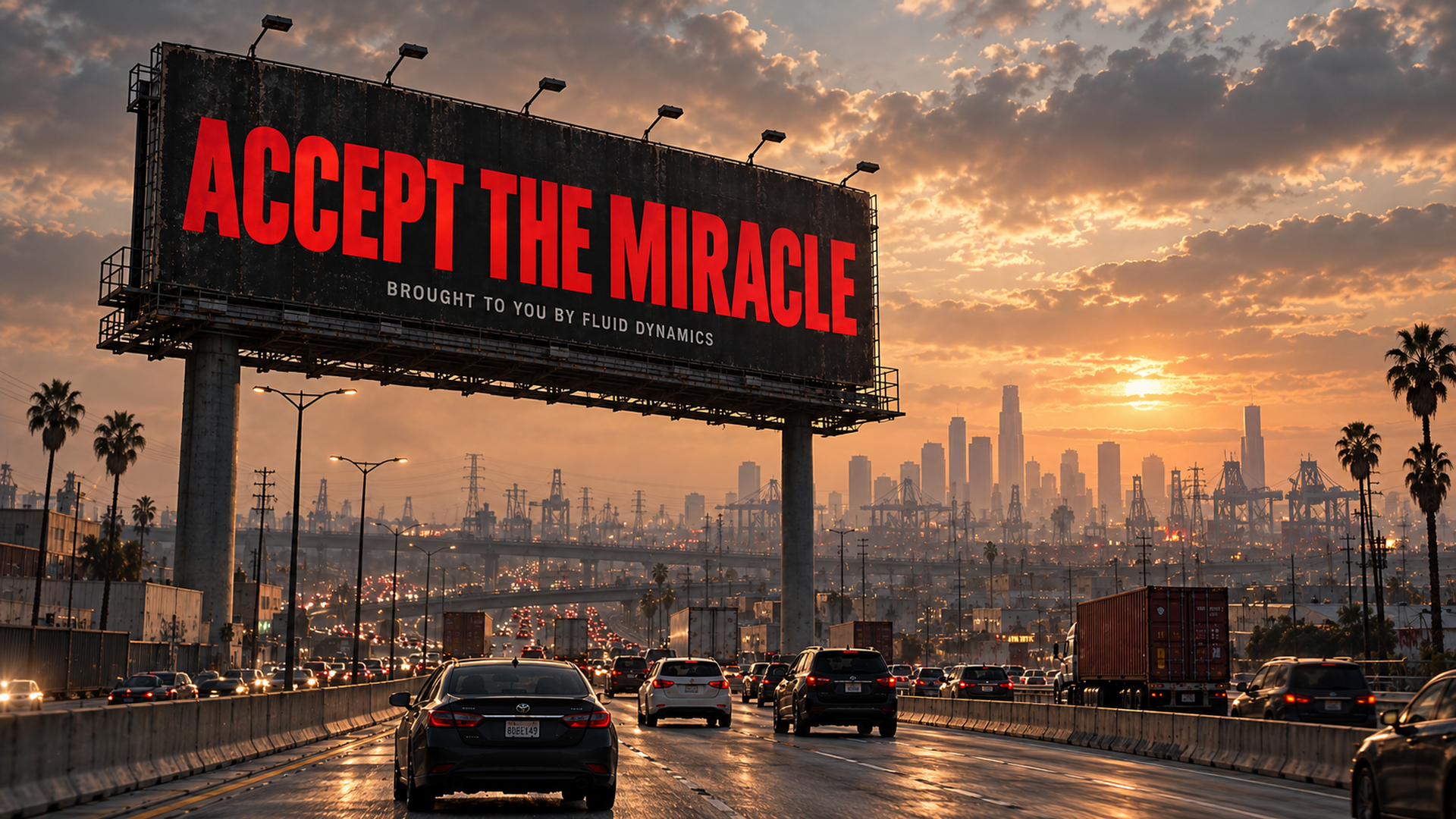 ACCEPT THE MIRACLE billboard overlooking the city.