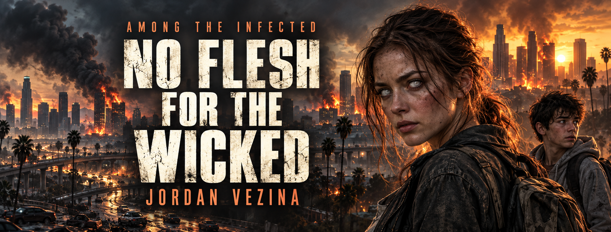 No Flesh for the Wicked by Jordan Vezina, an Among the Infected story. Mara and Ben stand against a burning Los Angeles skyline.